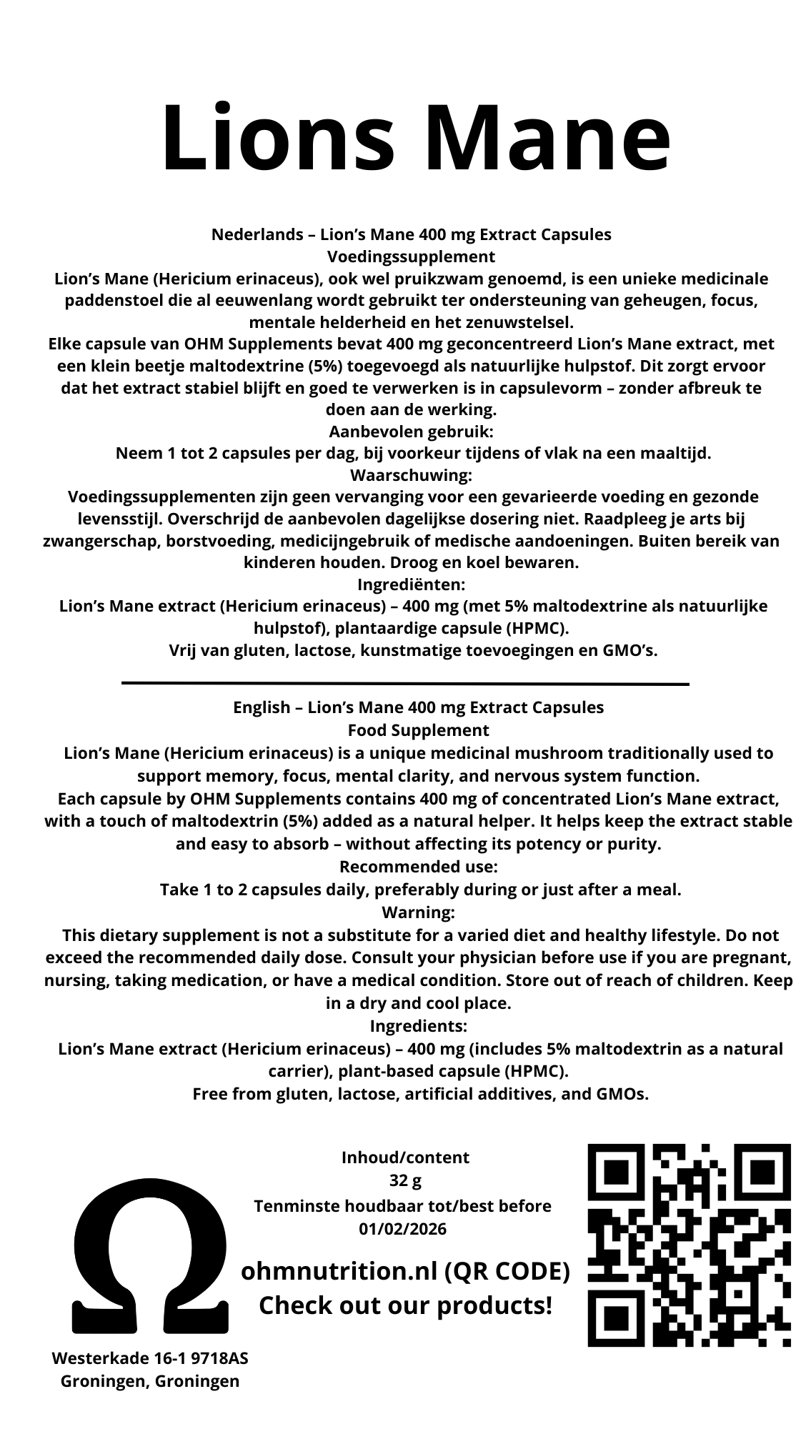 Lion's Mane Extract 20:1 400 mg - Capsules